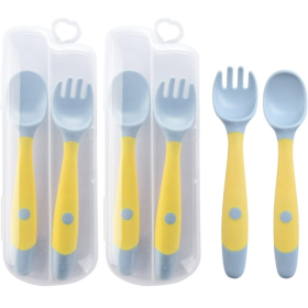 Silicone Baby Utensils Spoons Forks Sets with Travel Case - Easy Grip Toddler Feeding Training Utensil Set - First Stage of Self-Feeding for Baby - To