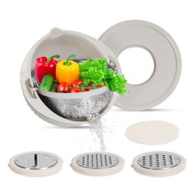 Multifunctional Mixing Bowl with Lid Set 3 Replaceable Graters Food Strainer and Colander Fruit Vegetable Washing Basket Stainless Steel (Color: Beige)